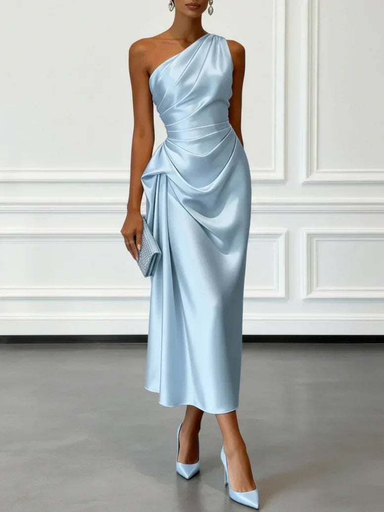 Lara | Vestido de Fiesta Midi Satén Asimétrico