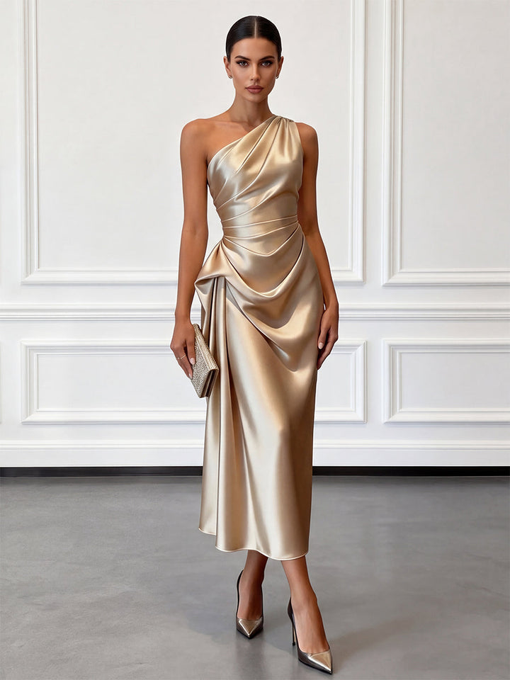 Lara | Vestido de Fiesta Midi Satén Asimétrico