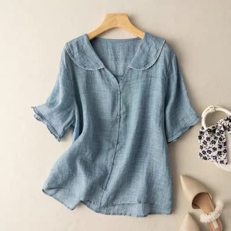 Laura | Blusa de Lino con Cuello Festoneado