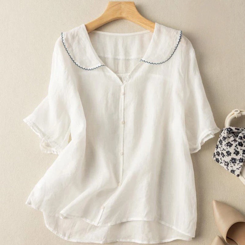 Laura | Blusa de Lino con Cuello Festoneado