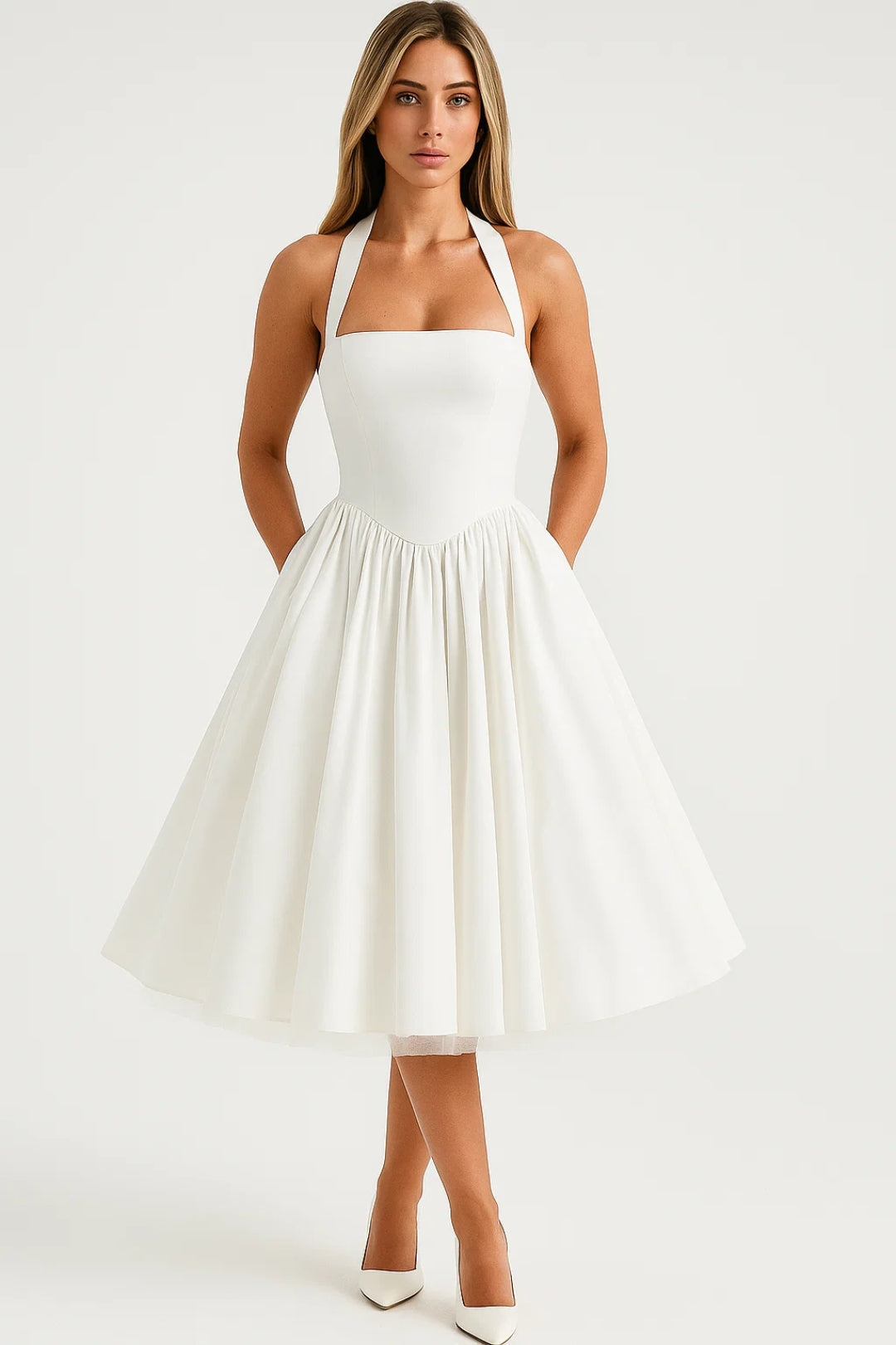 Laura | Vestido Blanco Midi Halter Mujer