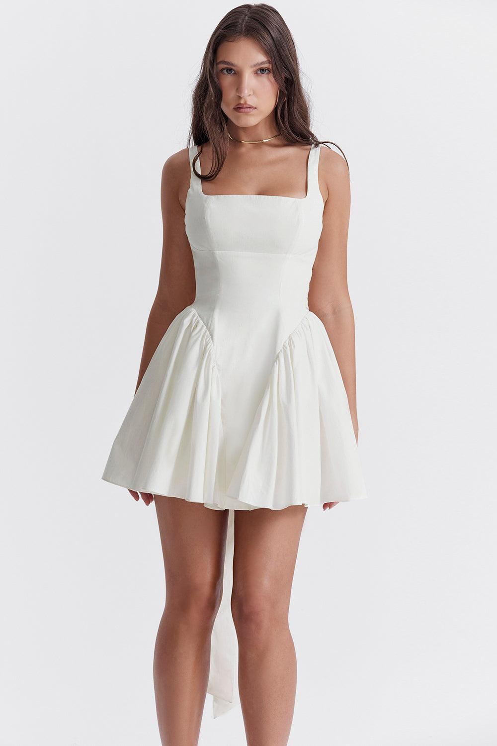 Laura | Vestido Blanco Mini Falda Voluminosa Mujer