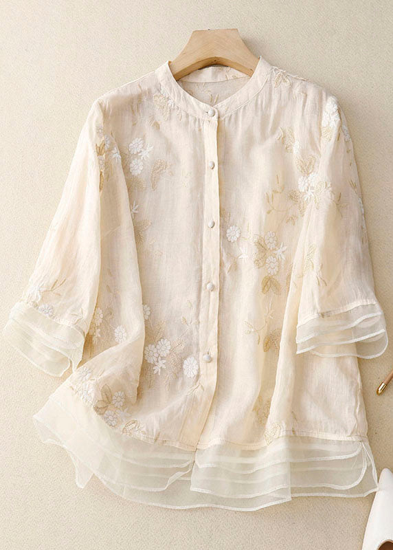 Leila | Blusa Lino Bordada Manga Corta con Botones