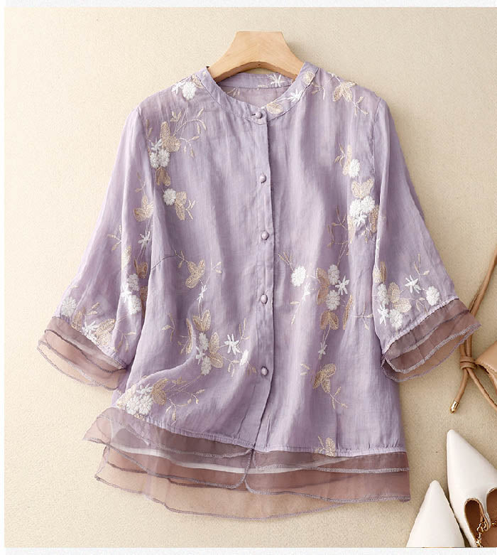 Leila | Blusa Lino Bordada Manga Corta con Botones