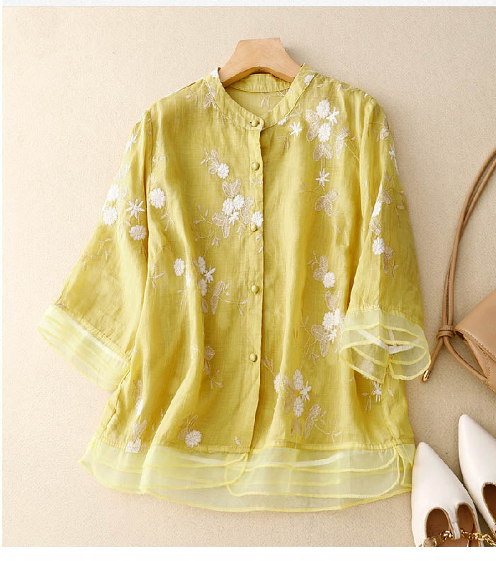 Leila | Blusa Lino Bordada Manga Corta con Botones
