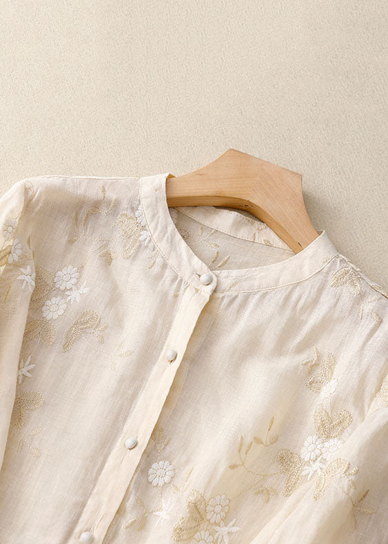 Leila | Blusa Lino Bordada Manga Corta con Botones