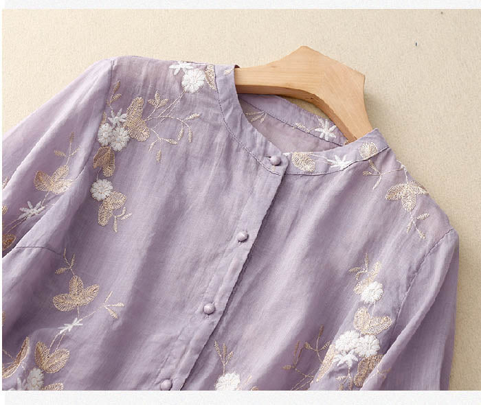 Leila | Blusa Lino Bordada Manga Corta con Botones