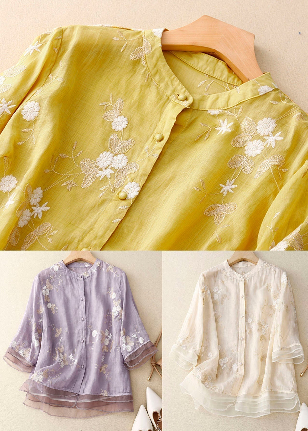 Leila | Blusa Lino Bordada Manga Corta con Botones