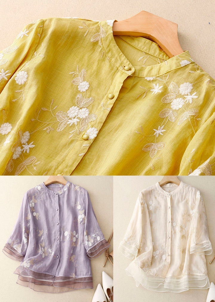 Leila | Blusa Lino Bordada Manga Corta con Botones