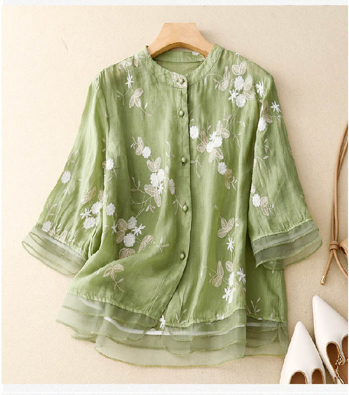 Leila | Blusa Lino Bordada Manga Corta con Botones