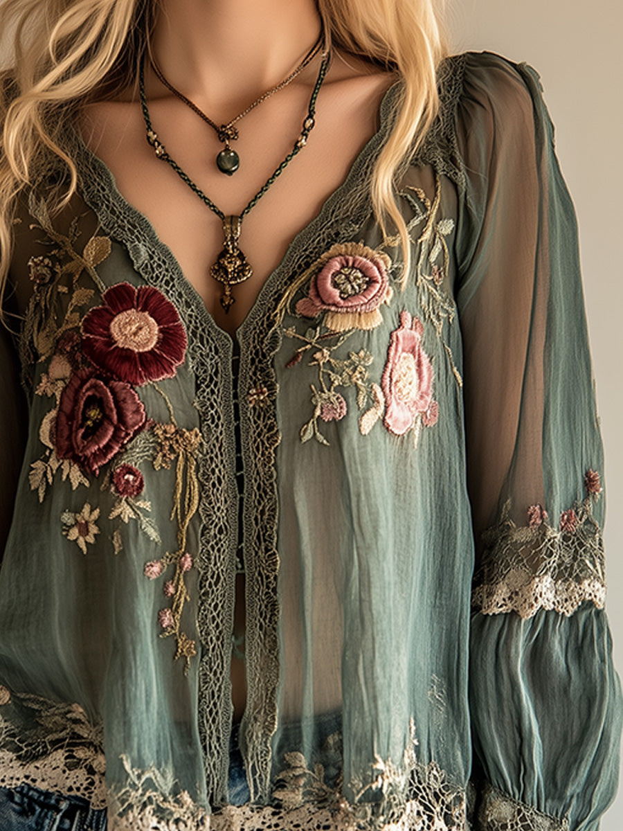 Lucía | Blusa Verde Floral Chifón Manga Larga