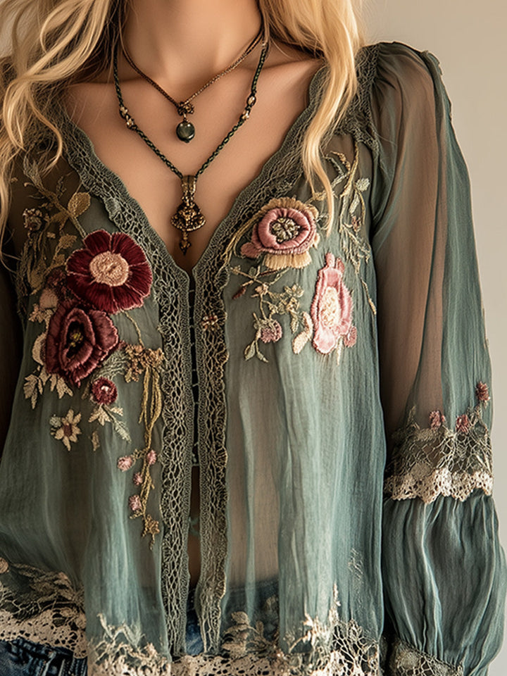 Lucía | Blusa Verde Floral Chifón Manga Larga