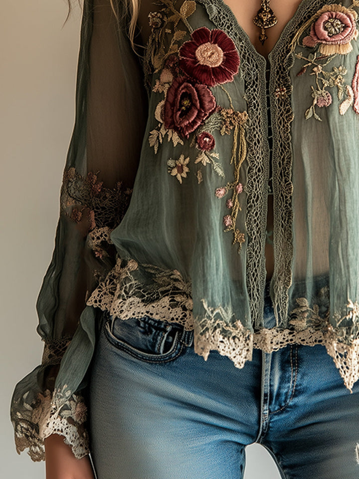 Lucía | Blusa Verde Floral Chifón Manga Larga