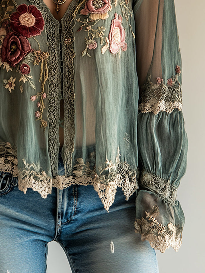 Lucía | Blusa Verde Floral Chifón Manga Larga