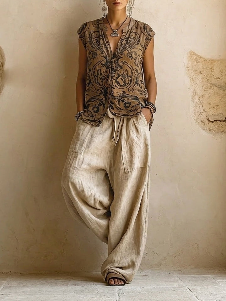 Lucía | Pantalón Lino Estampado Cuello Camisero Largo