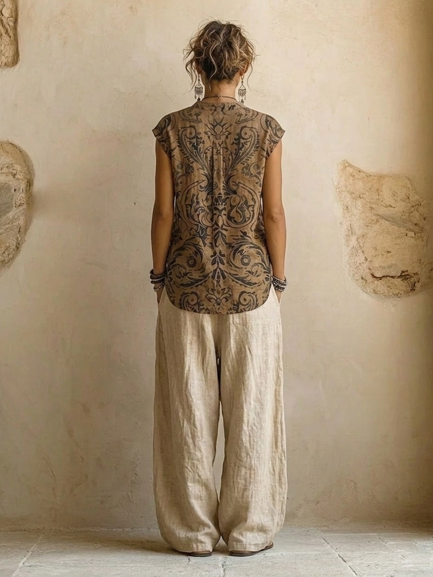 Lucía | Pantalón Lino Estampado Cuello Camisero Largo