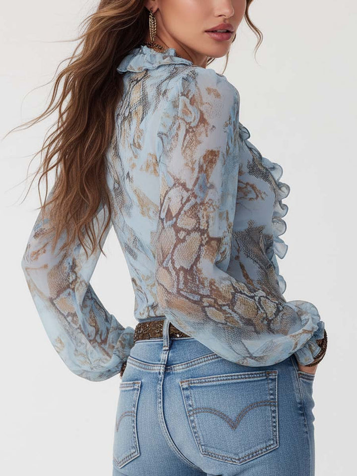 María | Blusa de Gasa Azul Estampado Serpiente Cuello V Manga Larga
