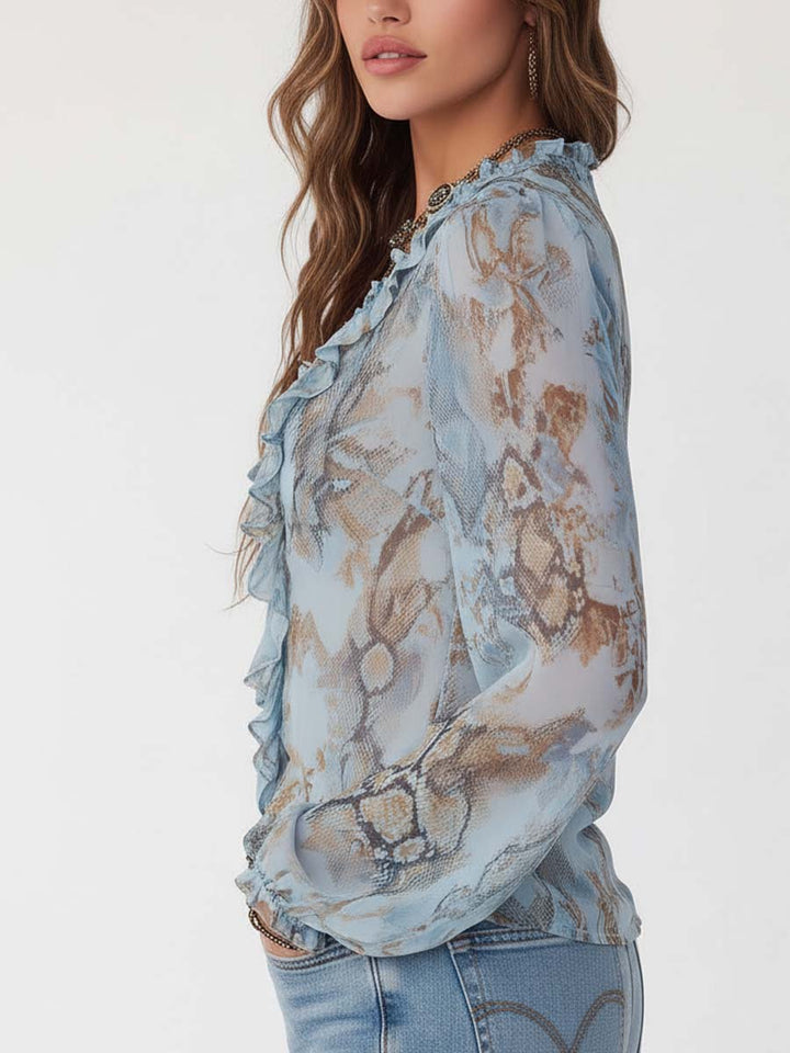María | Blusa de Gasa Azul Estampado Serpiente Cuello V Manga Larga