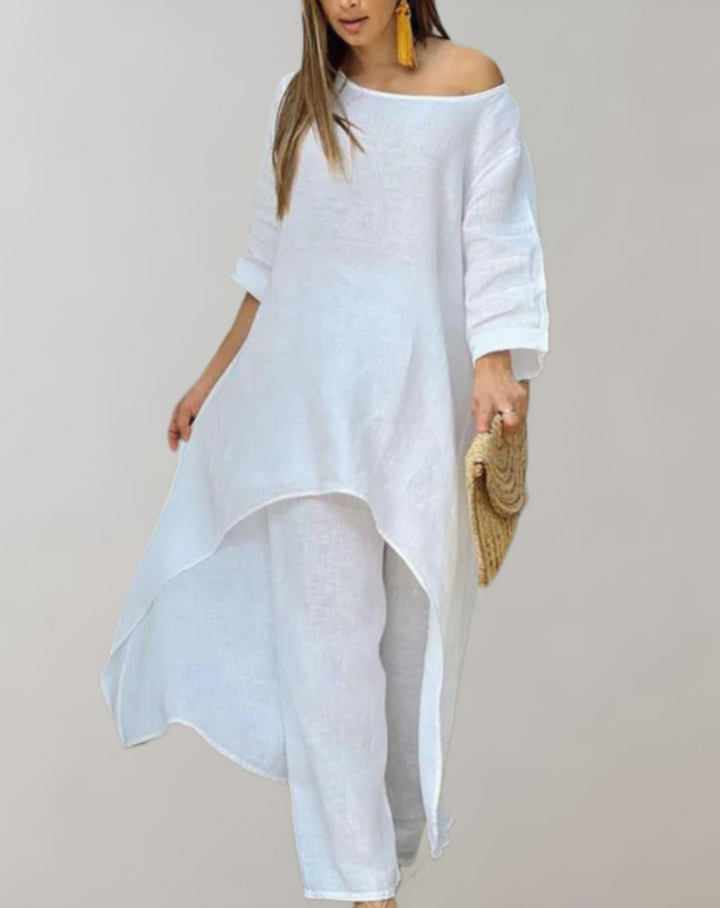 María | Conjunto Tunica Pantalón Lino Mujer Volantes