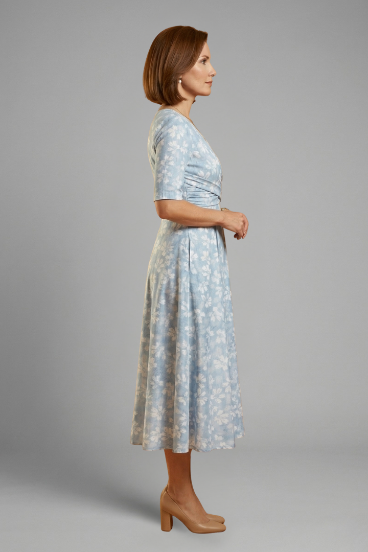 María | Vestido Midi Mujer Floral Azul Cruzado