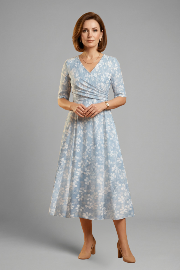 María | Vestido Midi Mujer Floral Azul Cruzado