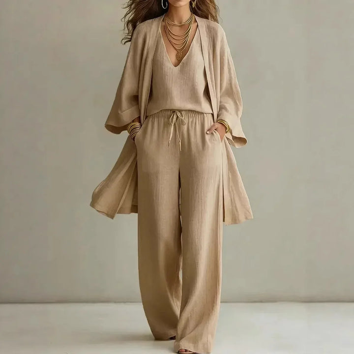 Marta | Conjunto Lino Mujer Manga Larga Cardigan Pantalón Ancho