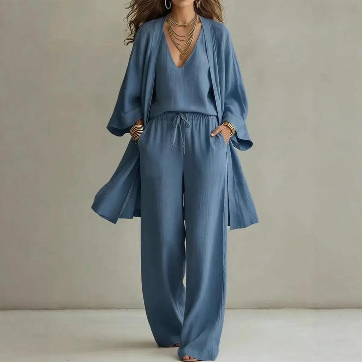 Marta | Conjunto Lino Mujer Manga Larga Cardigan Pantalón Ancho