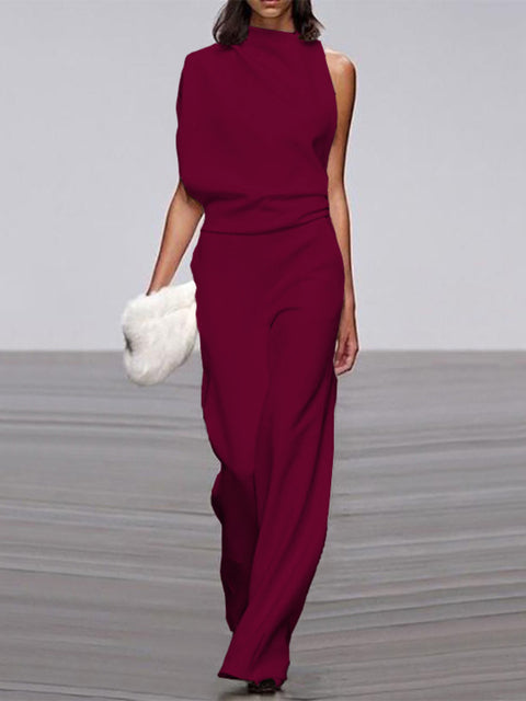 Marta | Mono de un Hombro Pierna Ancha Cuerpo Drapeado Cintura Alta