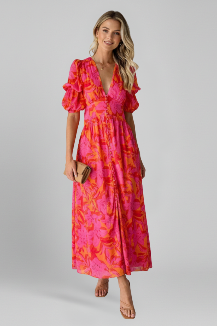 Marta | Vestido Midi Floral Mujer Manga Corta