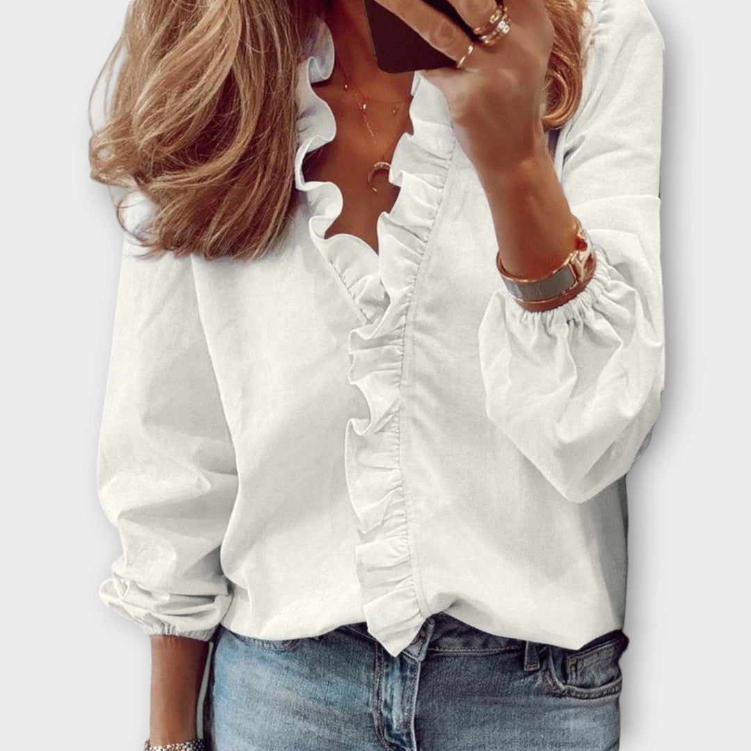 Natalia | Blusa Mujer Manga Larga Cuello V Volantes Holgada