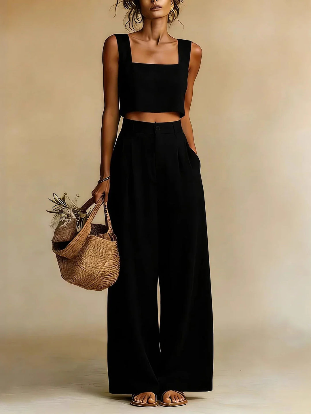 Natalia | Conjunto Crop Top y Pantalón Ancho Plisado