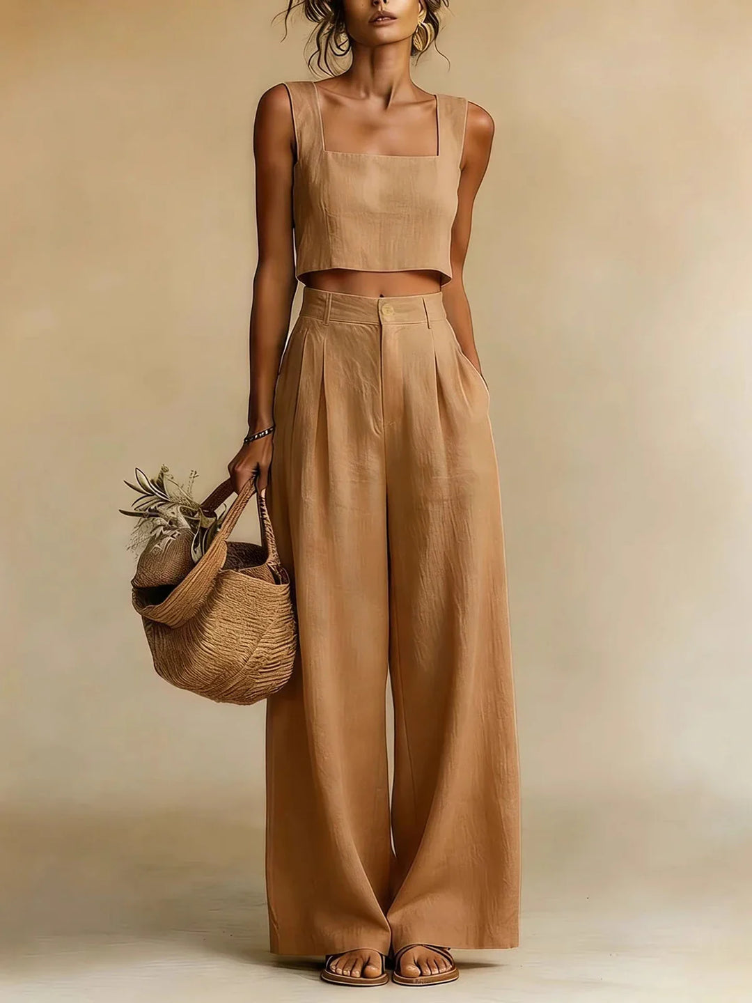 Natalia | Conjunto Crop Top y Pantalón Ancho Plisado