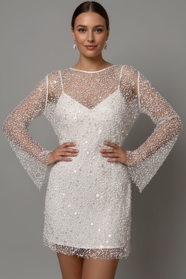 Natalia | Vestido Blanco Mini Manga Larga Lentejuelas