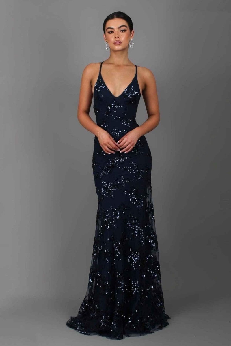 Natalia | Vestido Largo Lentejuelas Mujer Azul Marino