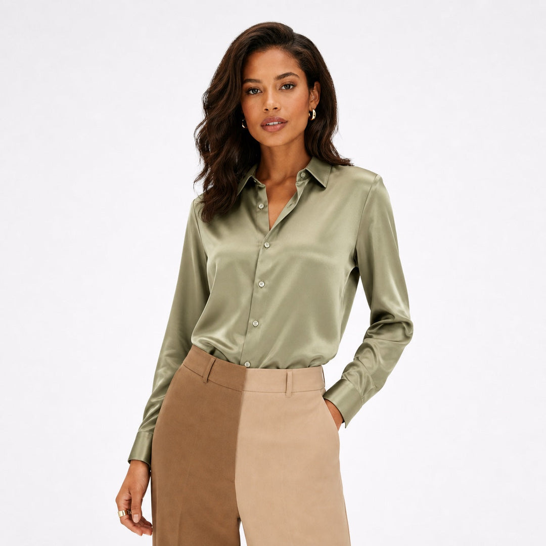 Nuria | Blusa Satén Manga Larga Cuello Solapa