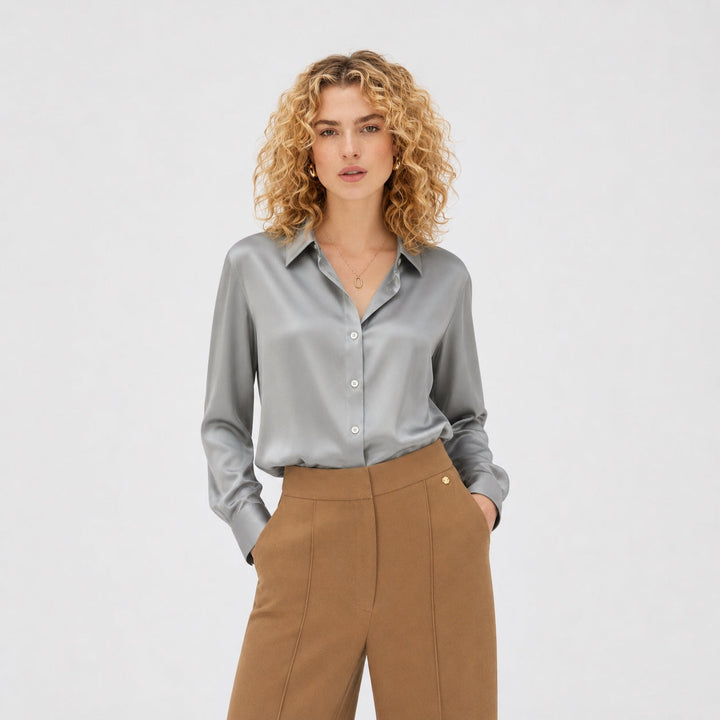 Nuria | Blusa Satén Manga Larga Cuello Solapa