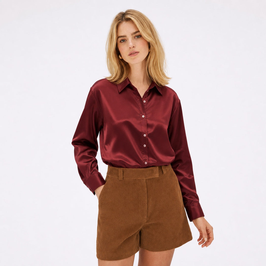 Nuria | Blusa Satén Manga Larga Cuello Solapa