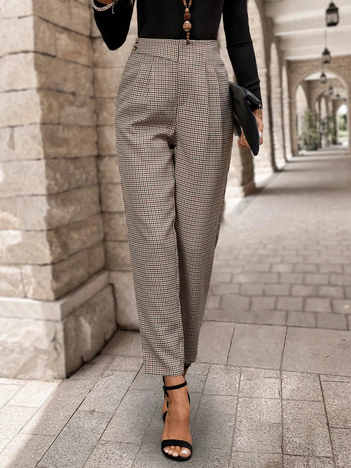Nuria | Pantalones Mujer Cuadros Marrón Tiro Alto
