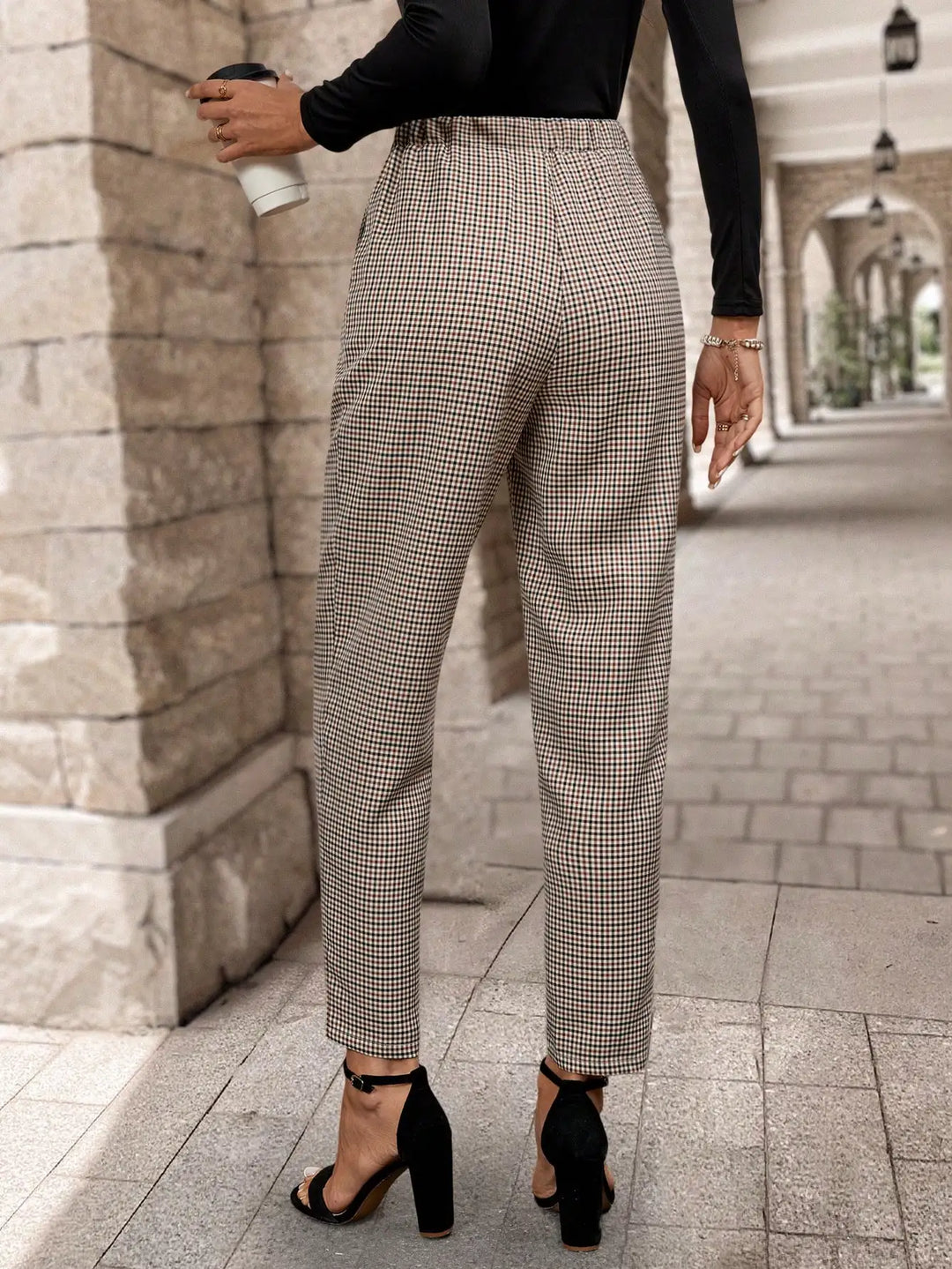 Nuria | Pantalones Mujer Cuadros Marrón Tiro Alto