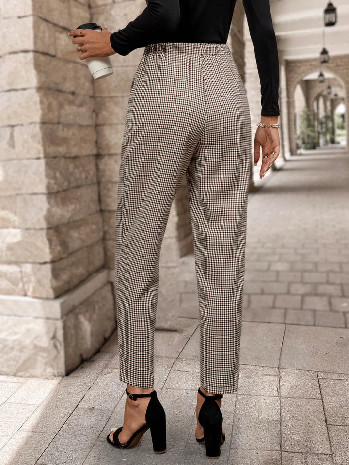 Nuria | Pantalones Mujer Cuadros Marrón Tiro Alto