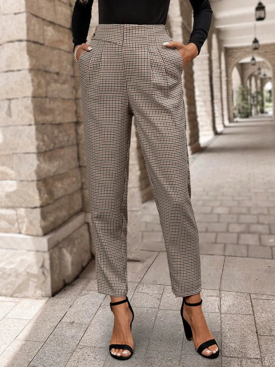 Nuria | Pantalones Mujer Cuadros Marrón Tiro Alto