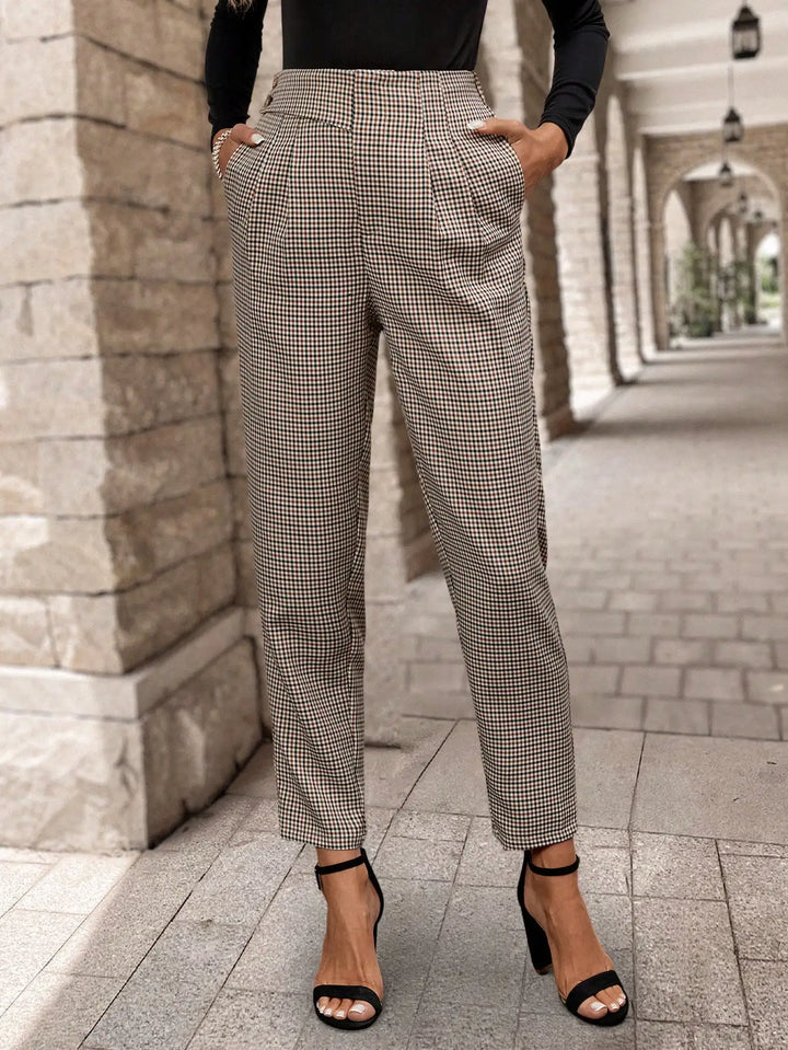 Nuria | Pantalones Mujer Cuadros Marrón Tiro Alto