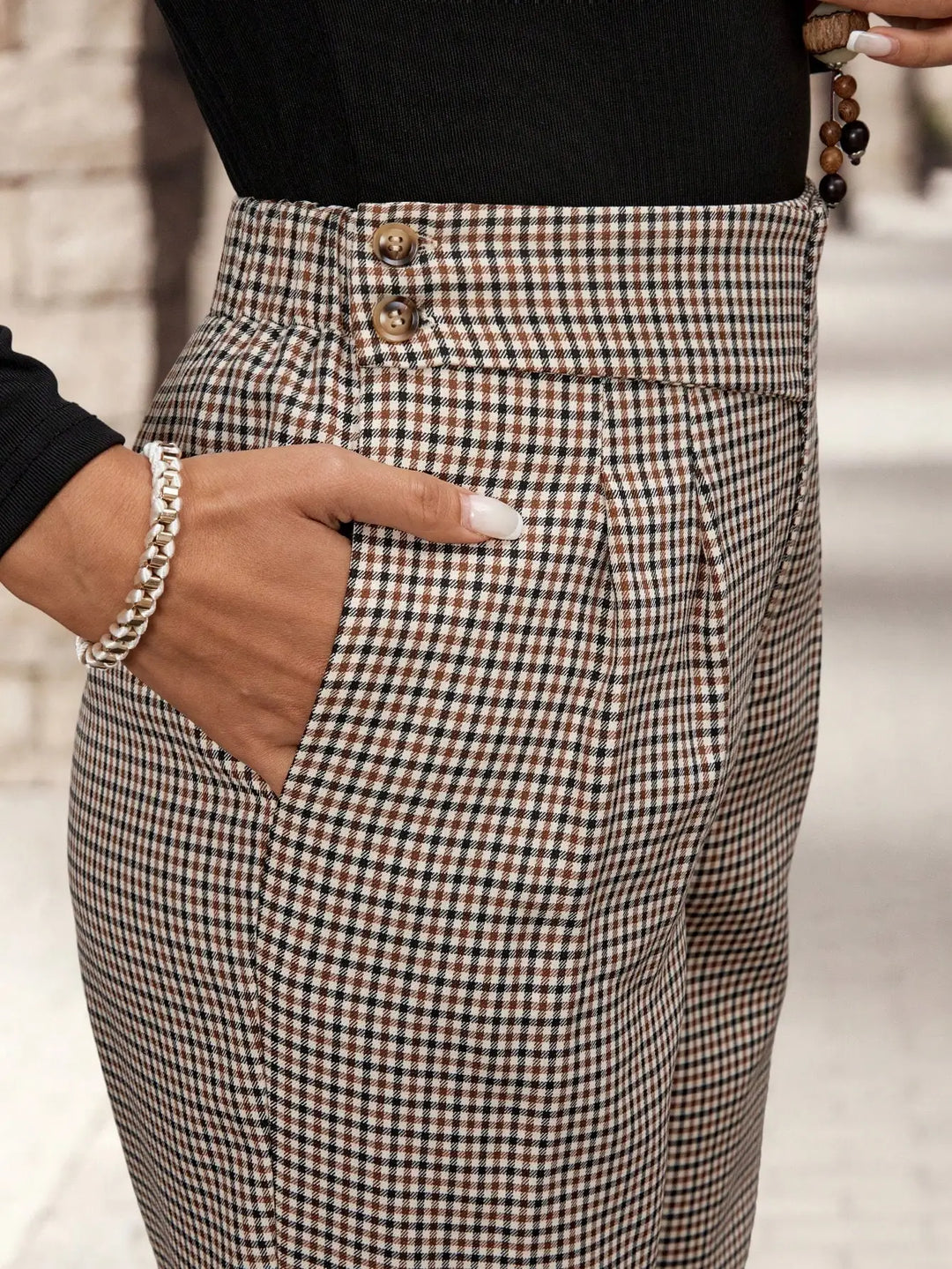 Nuria | Pantalones Mujer Cuadros Marrón Tiro Alto