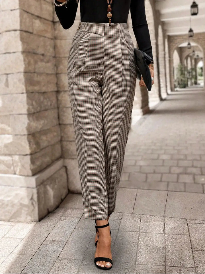 Nuria | Pantalones Mujer Cuadros Marrón Tiro Alto