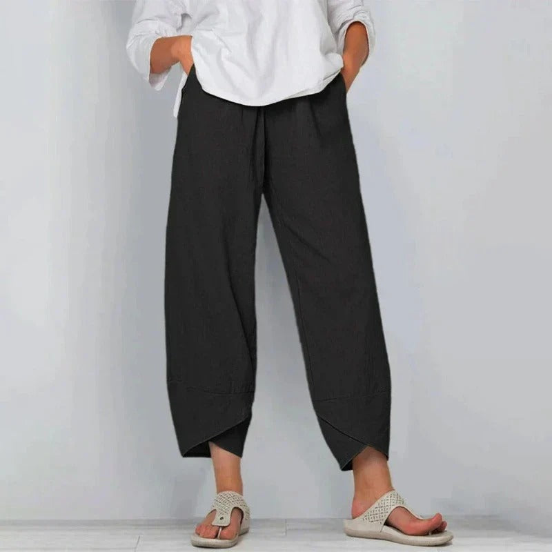 Paula | Pantalón Ancho Cropped Cintura Elástica Asimétrico Bolsillos