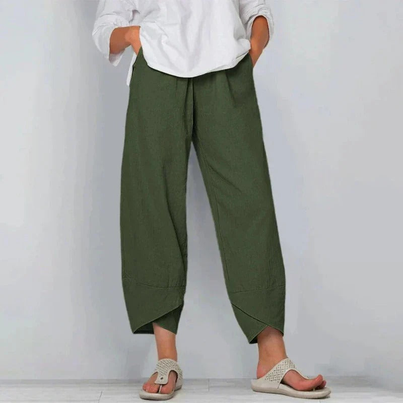 Paula | Pantalón Ancho Cropped Cintura Elástica Asimétrico Bolsillos