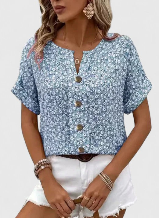 Pilar | Blusa Floral Cuello V Manga Corta Holgada Botones Remangada