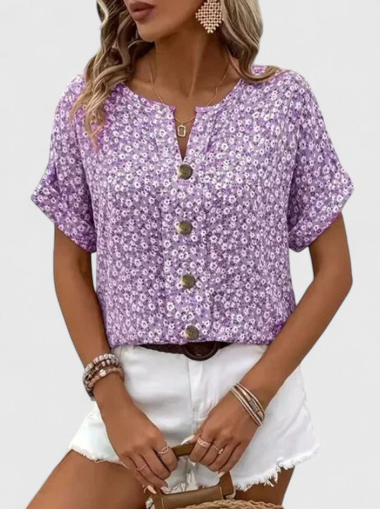 Pilar | Blusa Floral Cuello V Manga Corta Holgada Botones Remangada