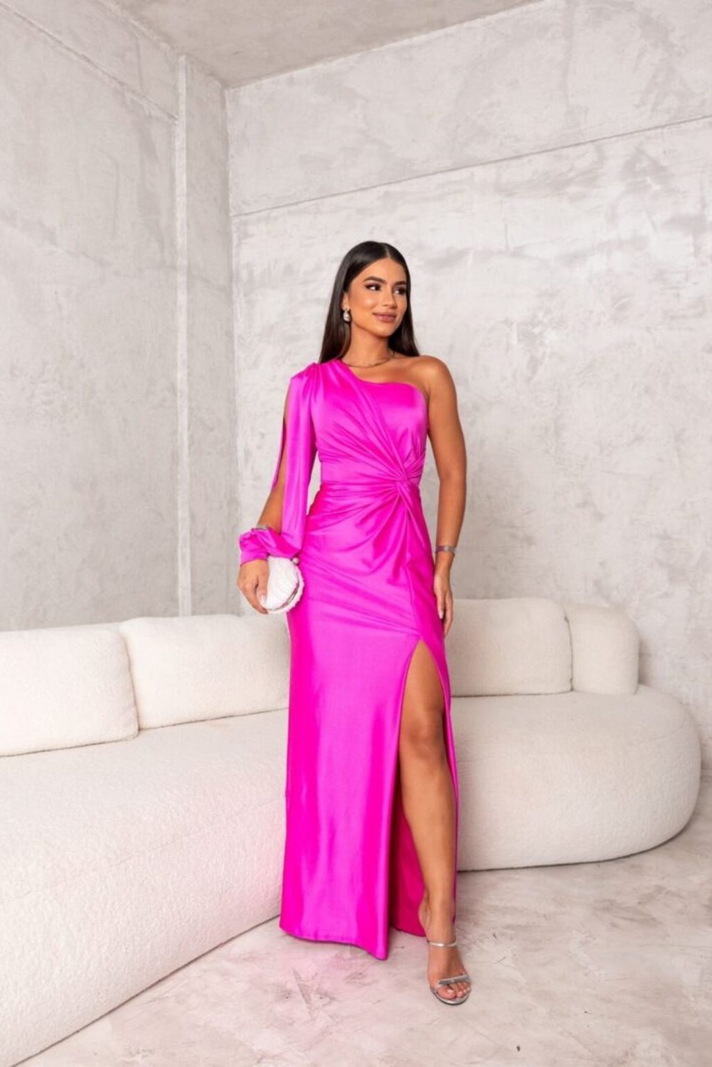 Pilar | Vestido Invitada Boda Satinado Asimétrico Nudo