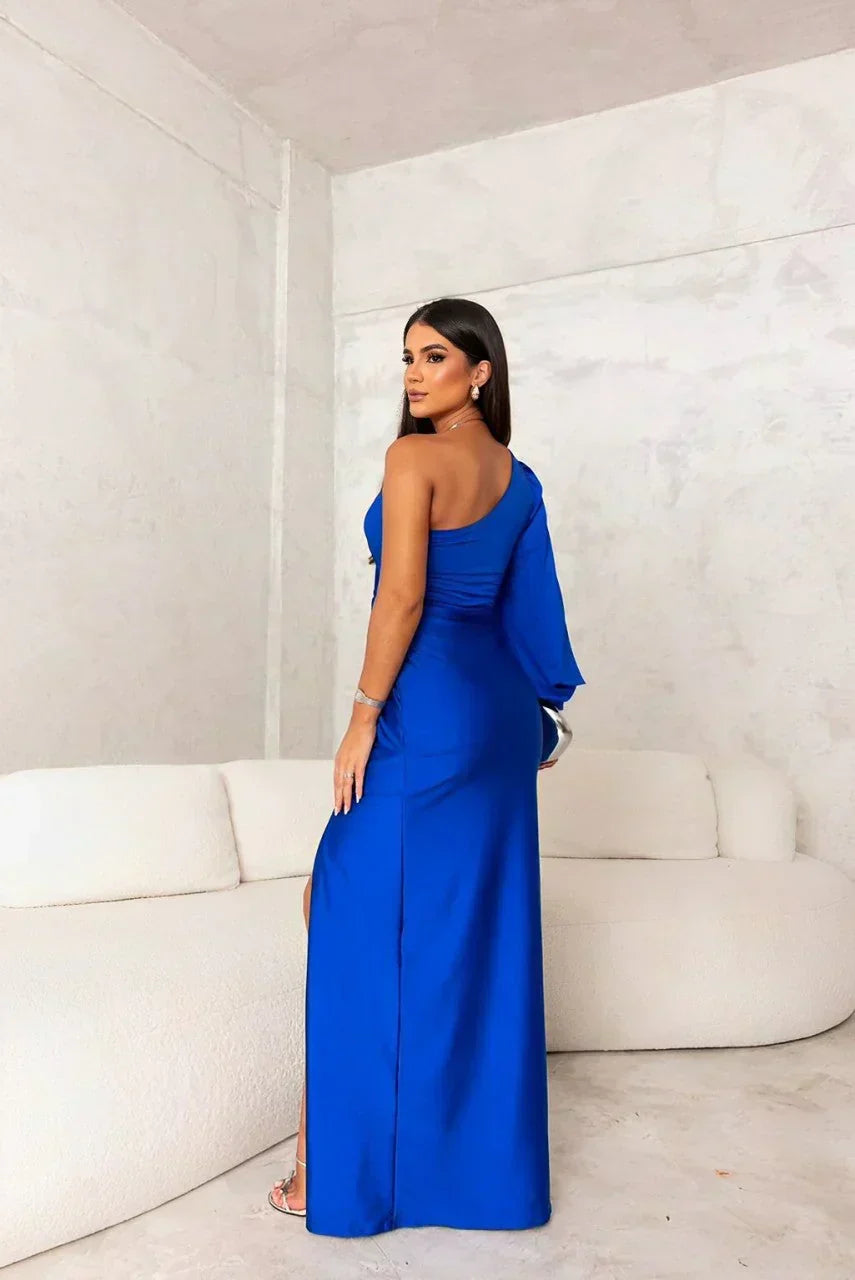 Pilar | Vestido Invitada Boda Satinado Asimétrico Nudo
